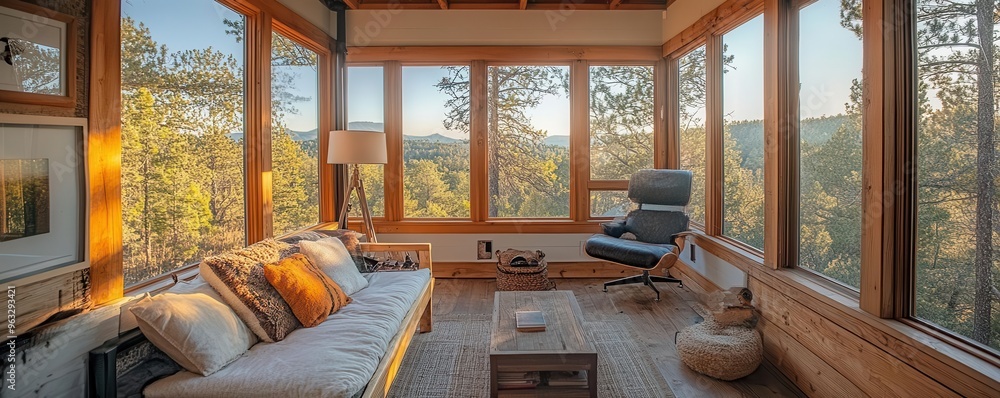 Repurposed fire lookout tower wilderness retreat captured in a bright, natural setting with expansive views of the surrounding forest and a warm, inviting interior design Repurposed fire lookout tower wilderness retreat captured in a bright, natural setting with expansive views of the surrounding forest and a warm, inviting interior design