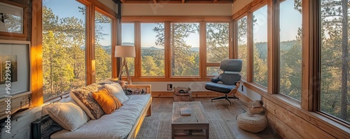 Repurposed fire lookout tower wilderness retreat  captured in a bright, natural setting with expansive views of the surrounding forest and a warm, inviting interior design photo