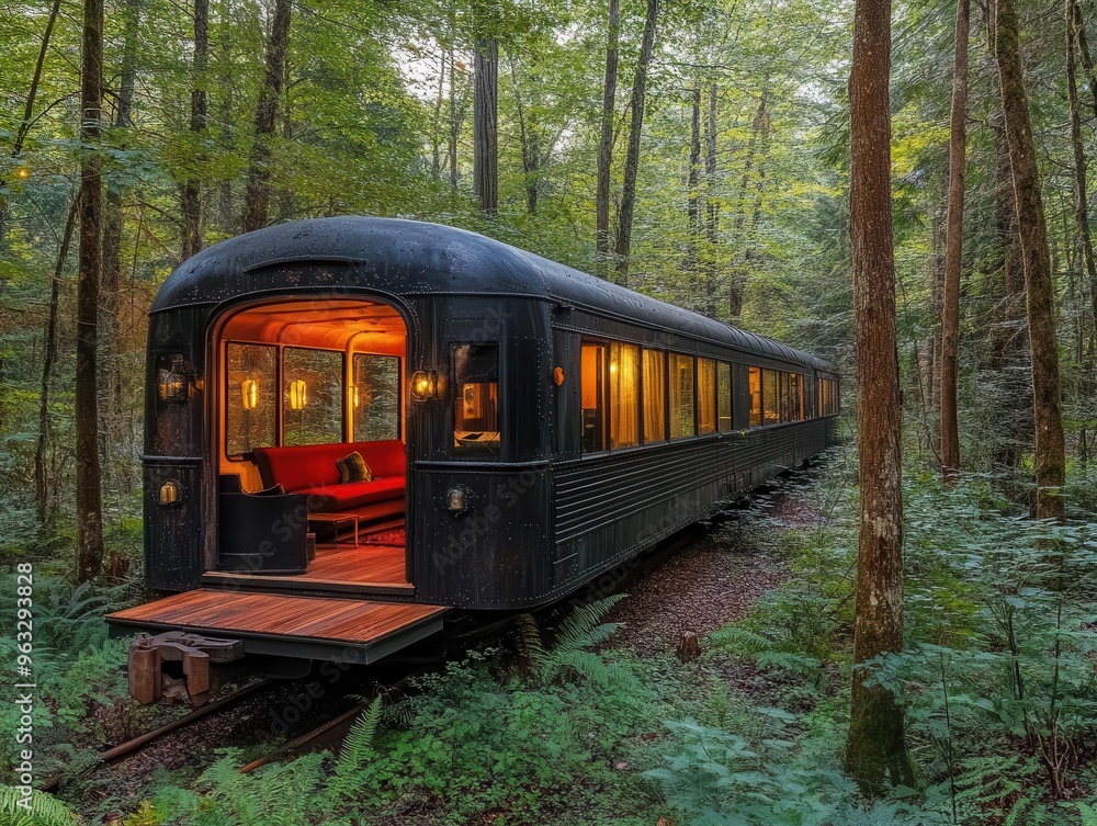 Repurposed train car boutique hotel in forest setting in a serene Repurposed train car boutique hotel in forest setting in a serene