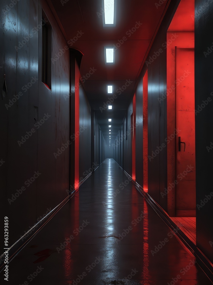 Futuristic tunnel illuminated with red neon lights creating a symmetrical perspective. Modern urban architecture and technology background. Futuristic tunnel illuminated with red neon lights creating a symmetrical perspective. Modern urban architecture and technology background.
