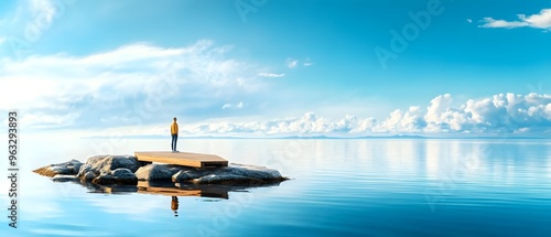 Solitary Figure on a Wooden Platform in a Calm Sea.