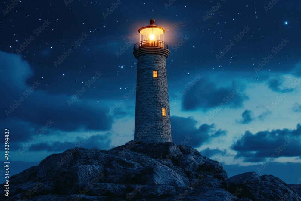 A lighthouse stands tall against a night sky filled with stars A lighthouse stands tall against a night sky filled with stars