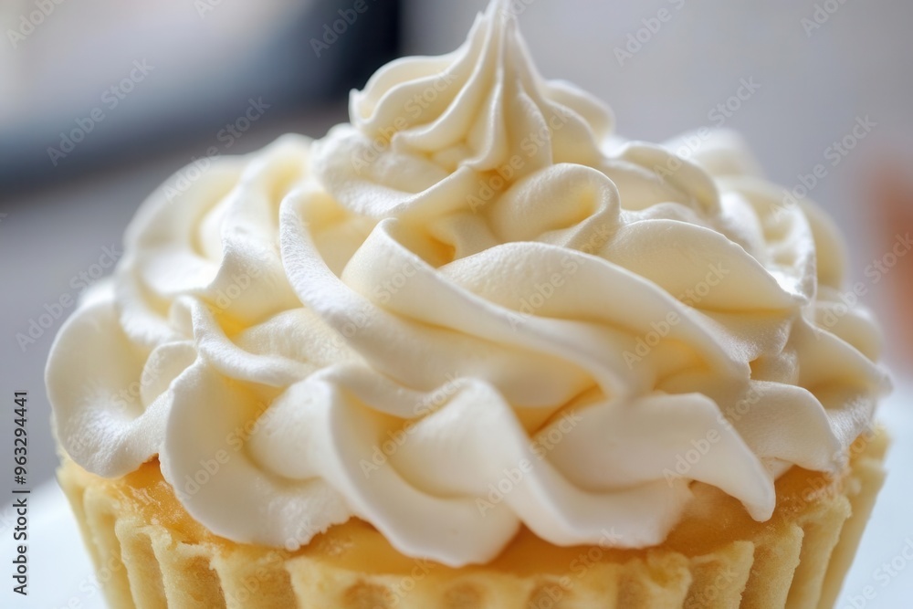 A dessert topped with a perfect swirl of whipped cream, whip topping, classic dessert A dessert topped with a perfect swirl of whipped cream, whip topping, classic dessert