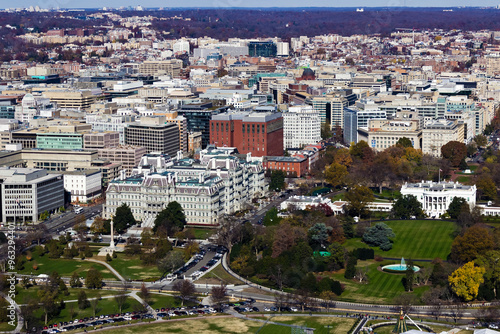 Bird's eye view overlooking Eisenhower Old Executive Office Building, the White House & President's Park, Washington DC