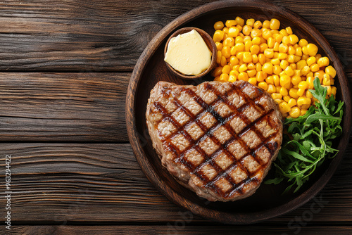 Juicy grilled steak served with butter, corn, and fresh arugula on a rustic wooden table. Perfect for food enthusiasts. photo