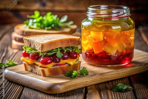 Sweet and Savory Symphony: Tangy jelly, savory sandwich, harmonious balance, comforting, warm tones, contrasting flavors