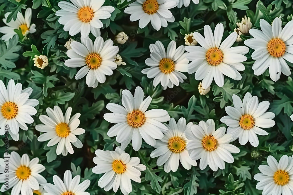 Vibrant white daisies blooming in a lush green garden. Vibrant white daisies blooming in a lush green garden.