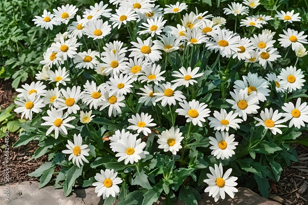 A vibrant cluster of white daisies with yellow centers in a lush garden setting. A vibrant cluster of white daisies with yellow centers in a lush garden setting.