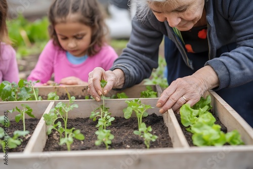 Children and a senior female instructor taking part in an outdoor sustainable education activity, planting herbs and vegetable seedlings, underscoring ecoliteracy and hands-on learning. photo