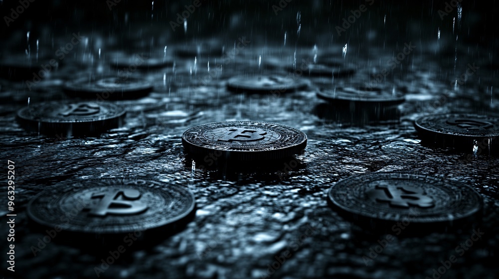 Coins inside bubbles floating in a dark stormy financial scene Large space for text in center Stock Photo with copy space