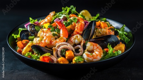 Fresh seafood salad with juicy shrimp, mussels, and squid, positioned on a black background to accentuate the vibrant, juicy colors. photo