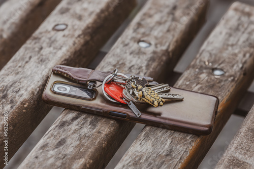 A bunch of keys with a keychain on a phone, left on a wooden bench outside. Personal items out of pocket. City life. Communication and monitoring tools. Lost smartphone and keys.
