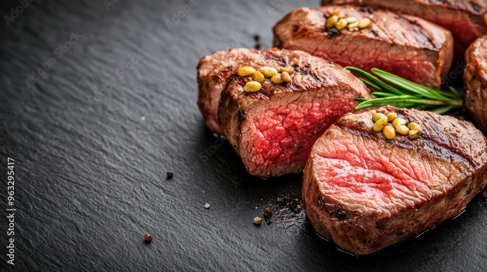 Sizzling grilled meat cuts garnished with herbs, showcasing juicy texture and rich flavor on a slate background. Sizzling grilled meat cuts garnished with herbs, showcasing juicy texture and rich flavor on a slate background.