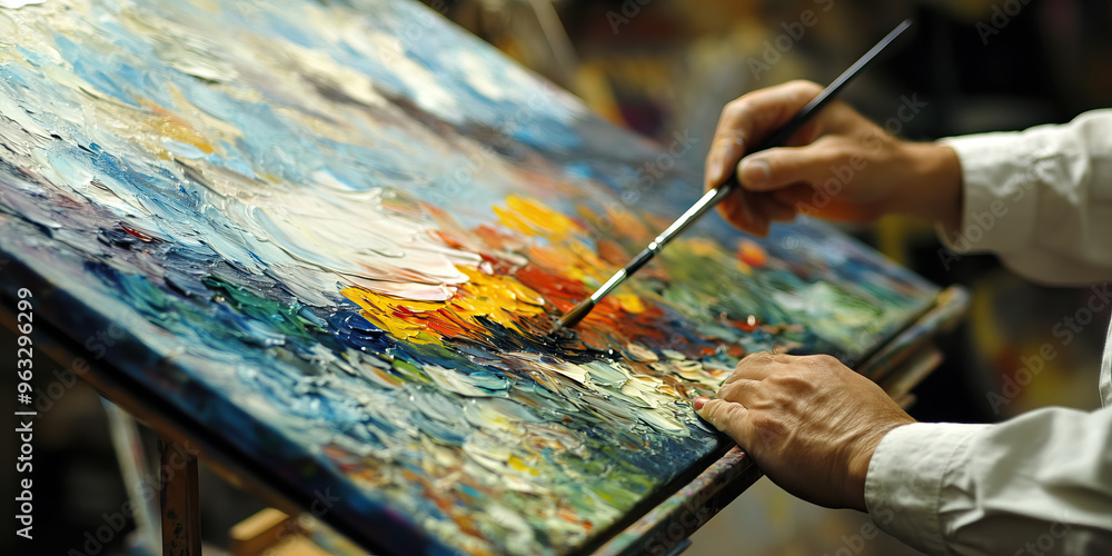Obraz premium Confident Creator: An artist, focusing on painting a vibrant landscape on an easel.