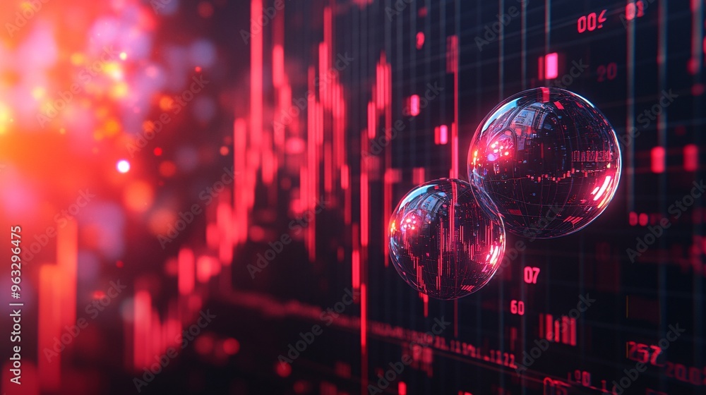 Floating bubbles filled with money about to pop in front of a stock market graph Large space for text in center Stock Photo with copy space Floating bubbles filled with money about to pop in front of a stock market graph Large space for text in center Stock Photo with copy space
