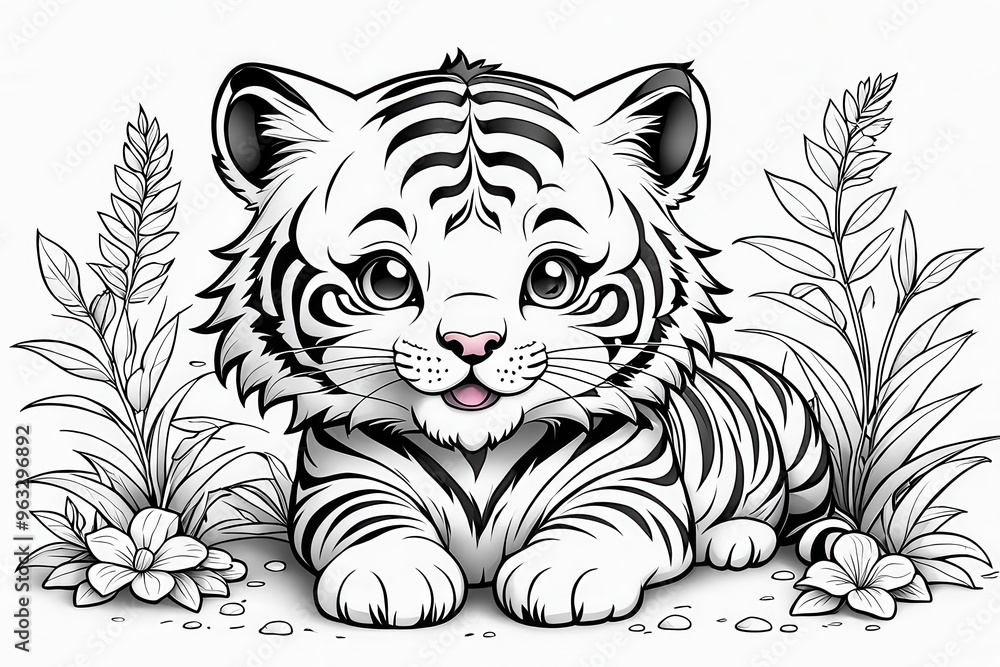 A cute, illustrated baby tiger resting among flowers and plants in a playful, cartoon style. A cute, illustrated baby tiger resting among flowers and plants in a playful, cartoon style.