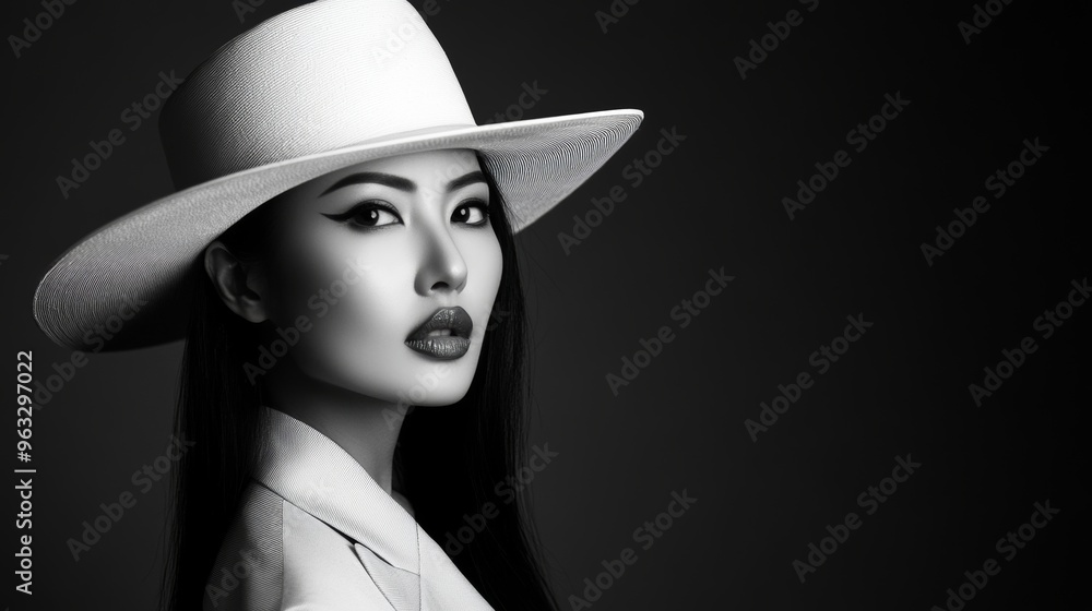 Elegant asian woman posing wearing white hat and jacket Elegant asian woman posing wearing white hat and jacket