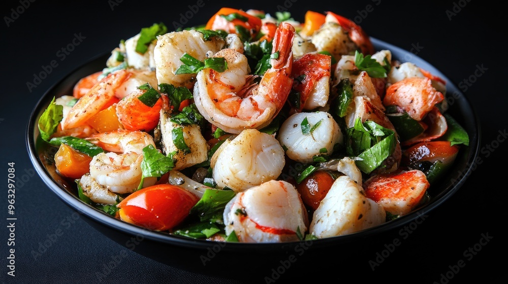 Mixed seafood salad, brimming with shrimp, scallops, and crab, highlighted by a dark black background, making the juicy seafood stand out. Mixed seafood salad, brimming with shrimp, scallops, and crab, highlighted by a dark black background, making the juicy seafood stand out.