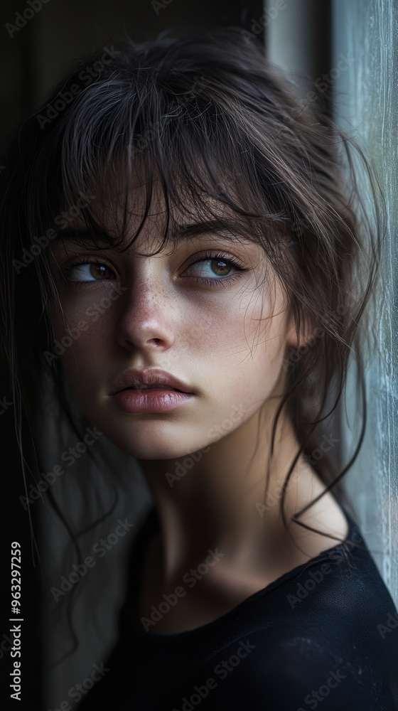 Brunette woman with freckles posing by the window Brunette woman with freckles posing by the window