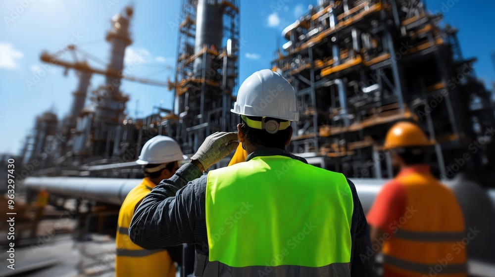 Construction workers in hard hats and safety vests stand in front of a large industrial complex. Construction workers in hard hats and safety vests stand in front of a large industrial complex.