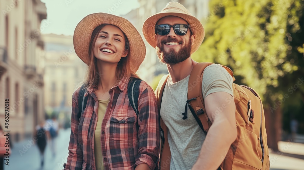 Happy couple of tourists walking in the city while traveling together. Copy space. Happy couple of tourists walking in the city while traveling together. Copy space.