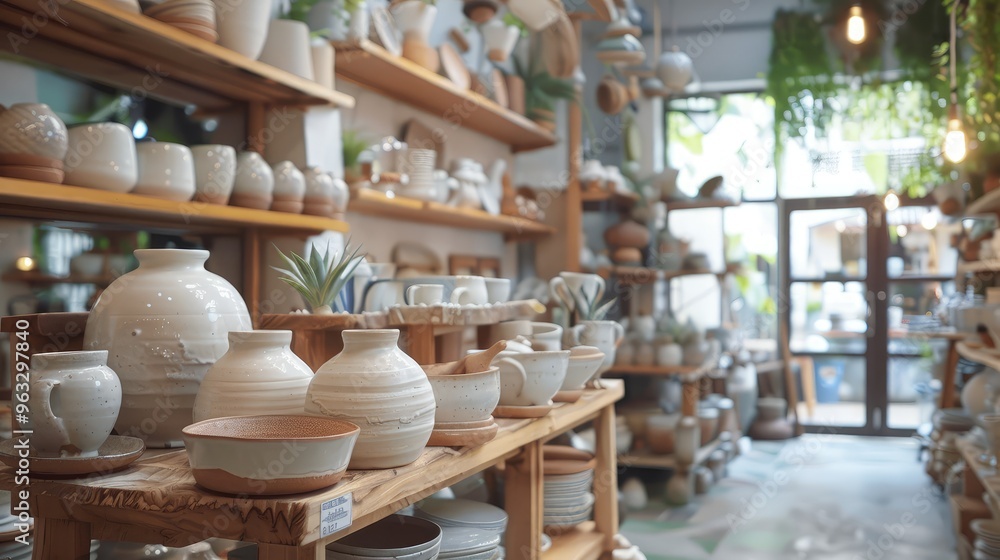 Serene Artisan Pottery Shop Interior with Handcrafted Ceramics Serene Artisan Pottery Shop Interior with Handcrafted Ceramics