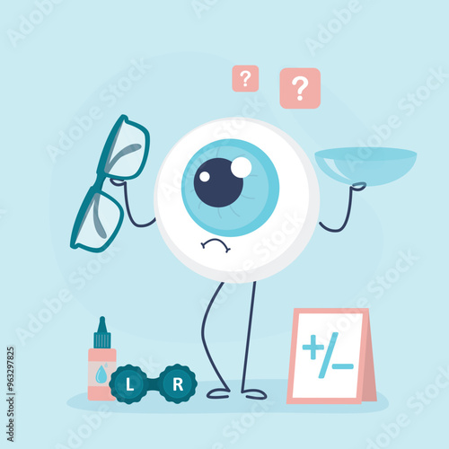 Eyeball mascot holding contact lenses and glasses, difficult decision to improve vision or wearing glasses. Funny eye character want use lenses for vision correction.