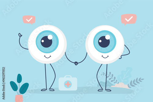 Healthy eyeballs mascots holding hand by hand. Eye medical care, healthcare and treatment. Healthy internal organ. Cartoon eyeball with happy face, Ophthalmology,