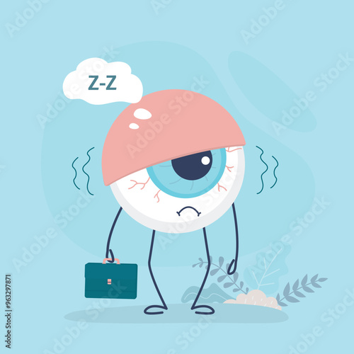 Tired red eye, problem of insomnia. Sleep disorder with capillaries and pupils. Comic eyeball mascot want sleep. Fatigue and stress. Conjunctivitis infection.