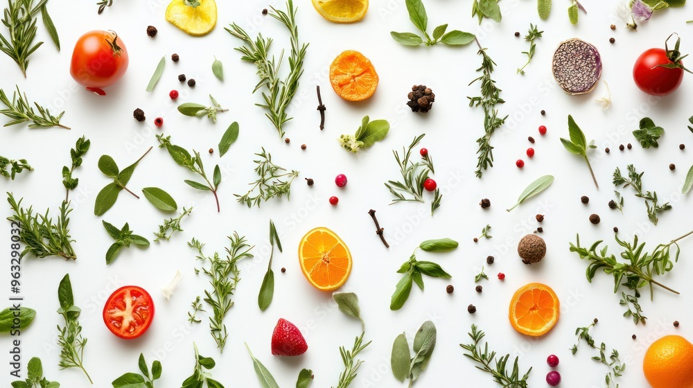 Assorted Herbs, Spices, and Citrus Slices on White Background Assorted Herbs, Spices, and Citrus Slices on White Background