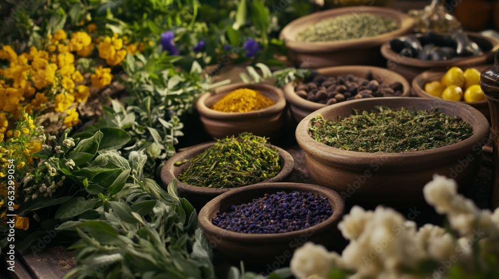 Assortment of Dried Herbs and Spices in Wooden Bowls Assortment of Dried Herbs and Spices in Wooden Bowls