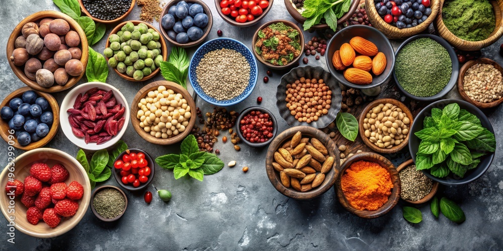 Colorful array of nuts, seeds, berries, and greens in bowls on textured grey background, superfoods, nuts, seeds Colorful array of nuts, seeds, berries, and greens in bowls on textured grey background, superfoods, nuts, seeds