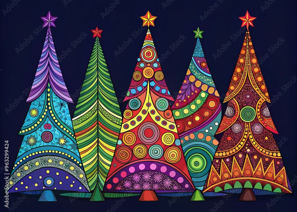 Vibrant graphic-style Christmas tree line art with bold colors and ornate patterns
