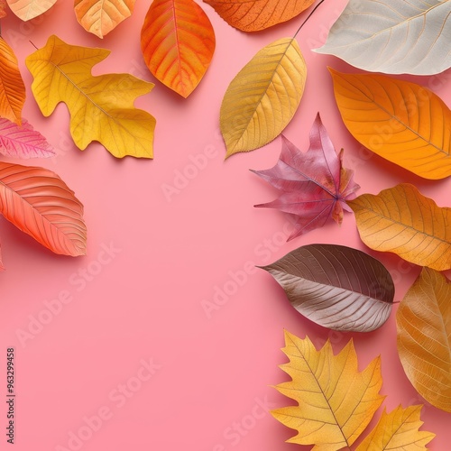 Fall leaf collage, various shapes and colors, 3D illustration, copy space for text,