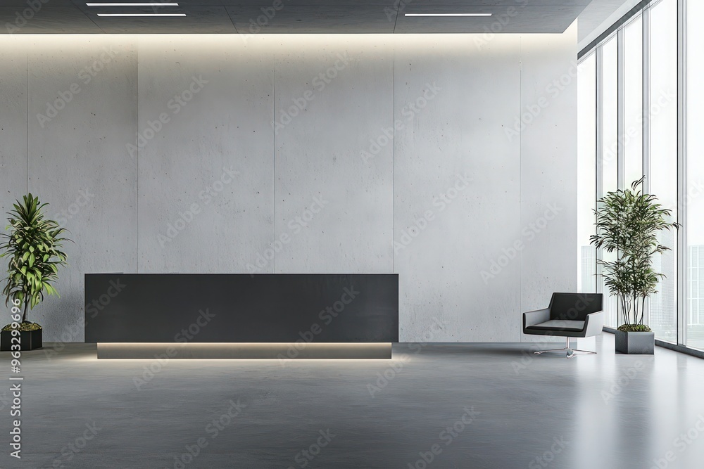 The sleek interior of a modern office lobby, featuring stark concrete walls and floors, and a minimalist reception area. The sleek interior of a modern office lobby, featuring stark concrete walls and floors, and a minimalist reception area.