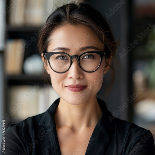 successful asian lady in mid 40's wearing glasses