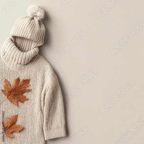 Fall fashion, cozy sweaters and scarves, 3D illustration, copy space for text, photo