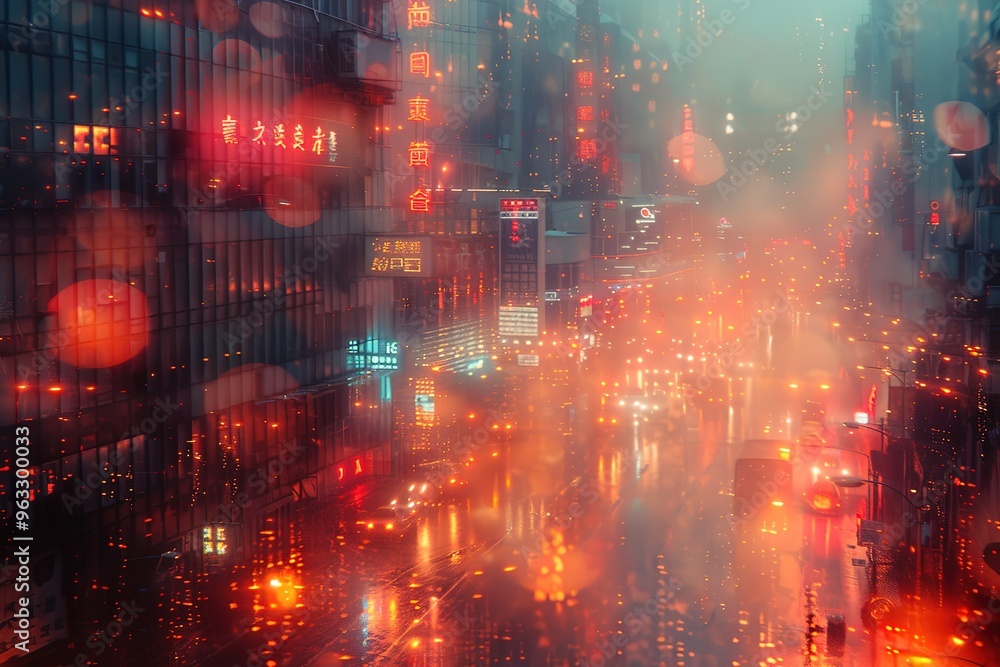 Fototapeta premium A city street with a lot of lights and a lot of rain