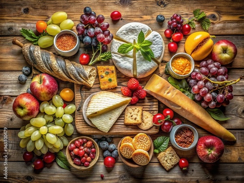 Vibrant, customizable poster template featuring a mouthwatering arrangement of fresh fruits, cheeses, and artisanal breads against a rustic wooden background, ready for editing. photo