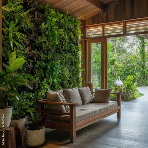 Contemporary Living Room with Abundant Green Plants, Vertical Garden Wall, and Cozy Wooden Furniture Creating a Tranquil Urban Oasis