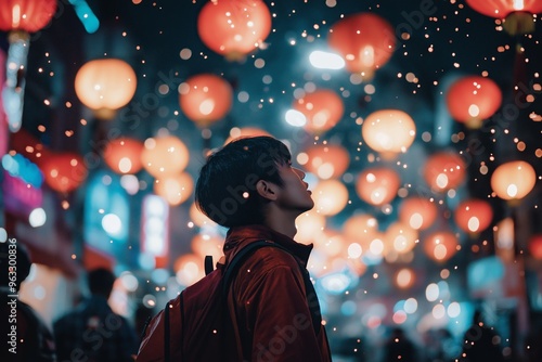 Person with backpack in city street, surrounded by glowing red lanterns and sparkling lights in the evening. photo