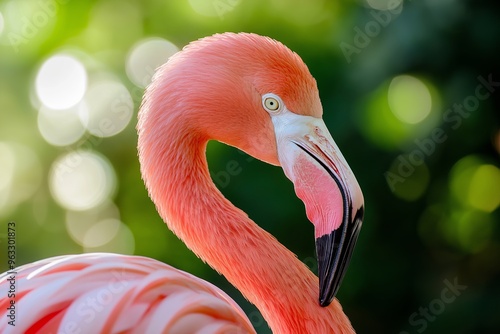 A close-up of a graceful flamingo with a vivid pink plumage, surrounded by a bokeh green background. photo