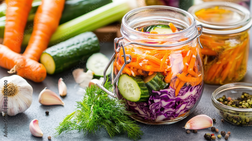 Colorful jar of pickled vegetables with carrots, cucumbers, purple cabbage and garlic surrounded by fresh ingredients on a textured surface Colorful jar of pickled vegetables with carrots, cucumbers, purple cabbage and garlic surrounded by fresh ingredients on a textured surface