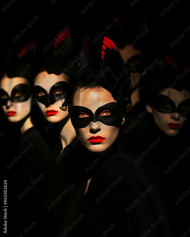 Close-up portrait of a woman wearing a black masquerade mask with red lips, looking intensely at the camera, surrounded by other masked women in a dark and mysterious setting. Close-up portrait of a woman wearing a black masquerade mask with red lips, looking intensely at the camera, surrounded by other masked women in a dark and mysterious setting.