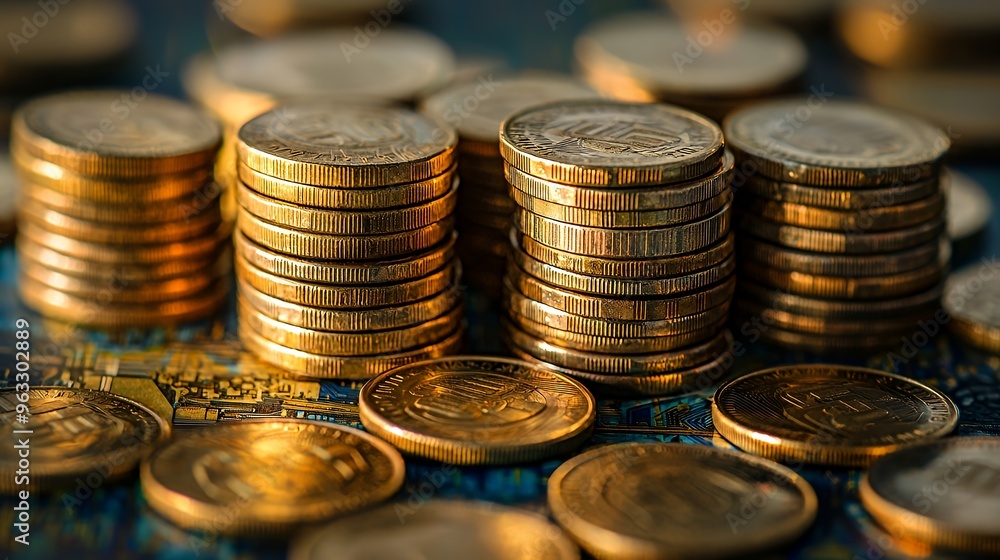 Close-up of stacks of gold coins, scattered on a blue circuit board background. Close-up of stacks of gold coins, scattered on a blue circuit board background.