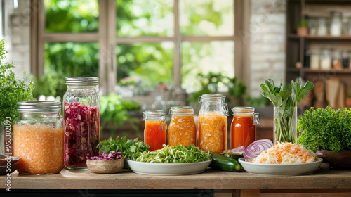 Colorful display of homemade pickles, fermented vegetables, and fresh greens on a wooden kitchen countertop with natural lighting