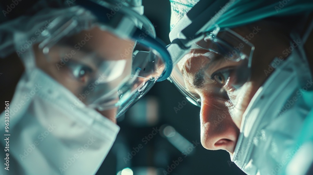 Close-up of two healthcare professionals in a surgical setting, with one using magnifying surgical lenses. Both wear protective masks and gear, reflecting the precision and focus required in surgery. Close-up of two healthcare professionals in a surgical setting, with one using magnifying surgical lenses. Both wear protective masks and gear, reflecting the precision and focus required in surgery.