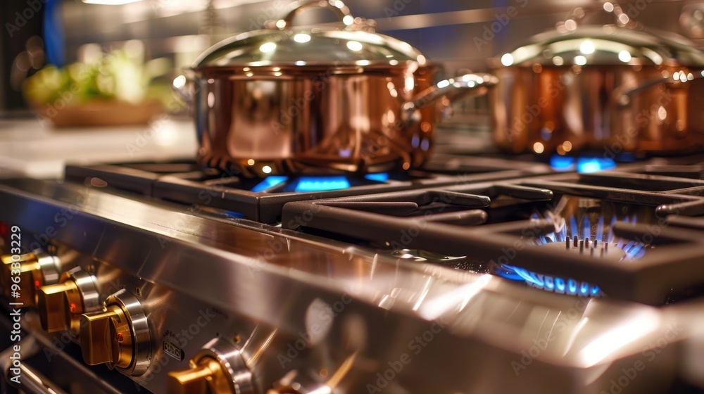 Professional-Grade Stainless Steel Stovetop with Gleaming Burners and Simmering Copper Pot in Spotlight. Professional-Grade Stainless Steel Stovetop with Gleaming Burners and Simmering Copper Pot in Spotlight.
