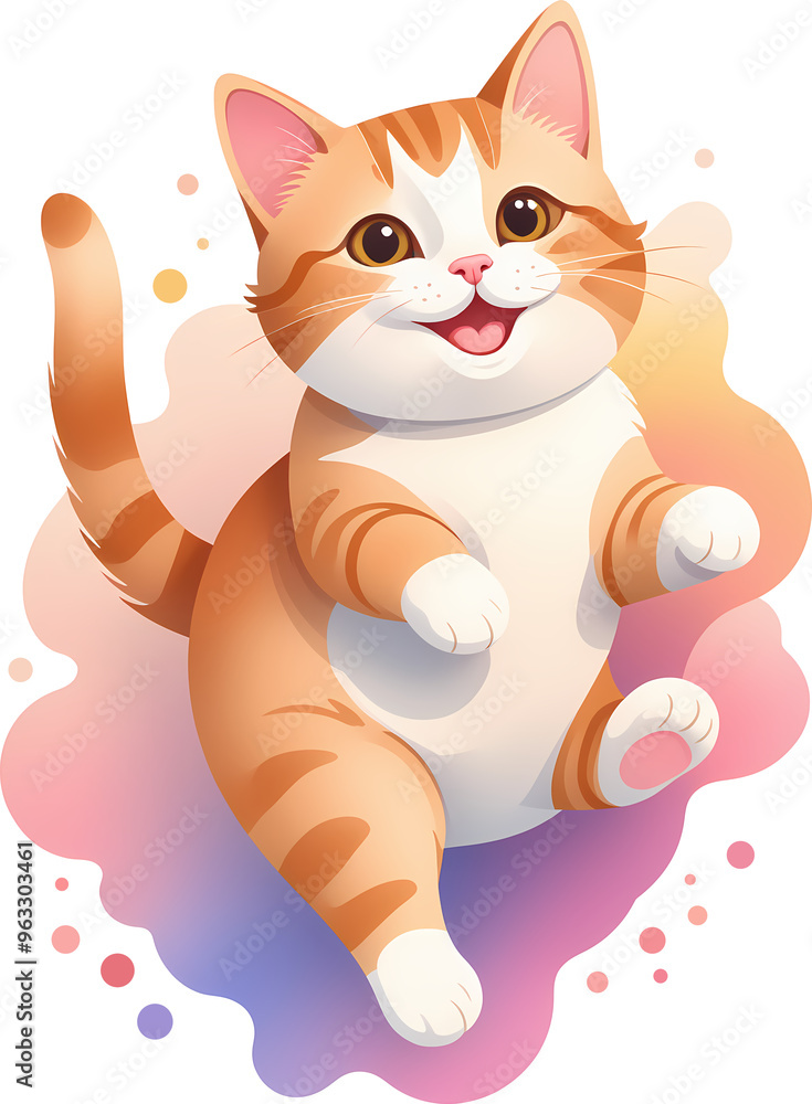 Obraz premium Isolated happy cute cat illustration png, funny chubby orange kitten clipart for animal, pet, mascot, summer, children book, kids, holiday, baby shower, nursery, cat lover, cat cafe, watercolor