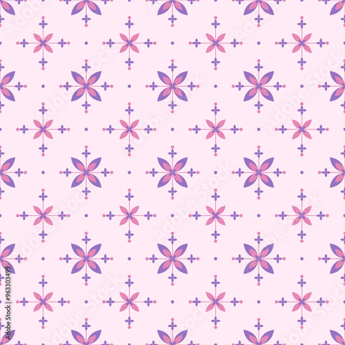 In this seamless pattern, the purple-pink flower and long stamens look gorgeous, set against a pink background. Alternately arranged beautifully. It looks precious, fine and delicate.